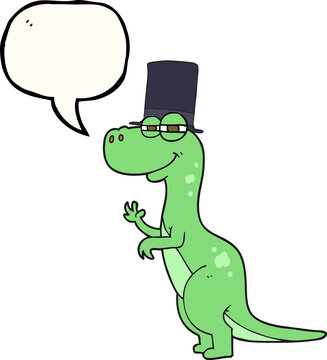 freehand drawn speech bubble cartoon dinosaur wearing top hat