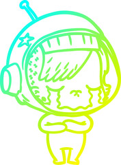 cold gradient line drawing of a cartoon crying astronaut girl