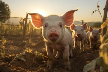 Piglets on a farm, cute little pink pigs looking curious, agricultural animal livestock