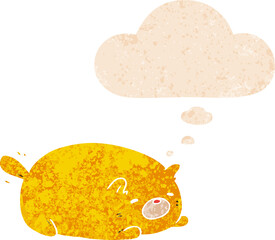 cartoon cat with thought bubble in grunge distressed retro textured style