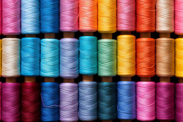 A vibrant set of spools of colorful thread in perfect harmony. Varied shades of colored thread spools on small cylinders in a festival of colors and creativity. - obrazy, fototapety, plakaty