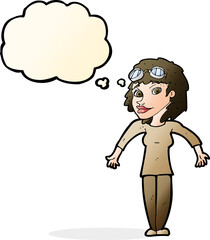 cartoon woman wearing goggles with thought bubble