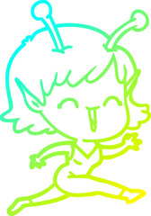 cold gradient line drawing of a cartoon alien girl laughing