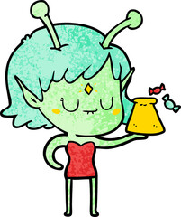 cartoon alien girl with bag of candy