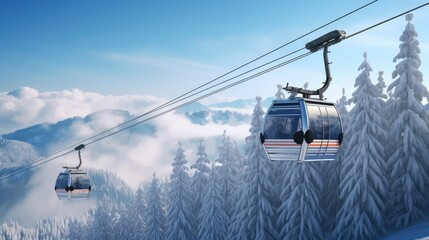cabins on a cable car against a snowy background - obrazy, fototapety, plakaty