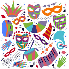 New Year's Carnival set with masks, drum, french horn, gloves, piano keys, sheet music, violin keys and beads. Carnival, masquerade, Mardi Gras, theater. A party. For the poster, banner, the flyer
