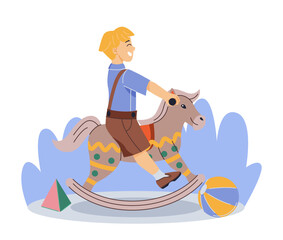 Cute playing child. Happy smiling boy swinging on toy pony in kindergarten. Little preschooler having fun. Leisure childhood activities. Cartoon flat vector illustration isolated on white background