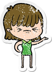 distressed sticker of a annoyed cartoon girl