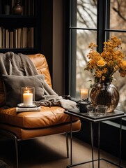 Livingroom scene with orange arm-chair and coffee table