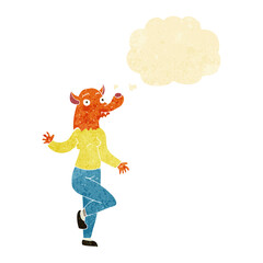 cartoon dancing fox woman with thought bubble