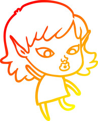 warm gradient line drawing of a pretty cartoon elf girl