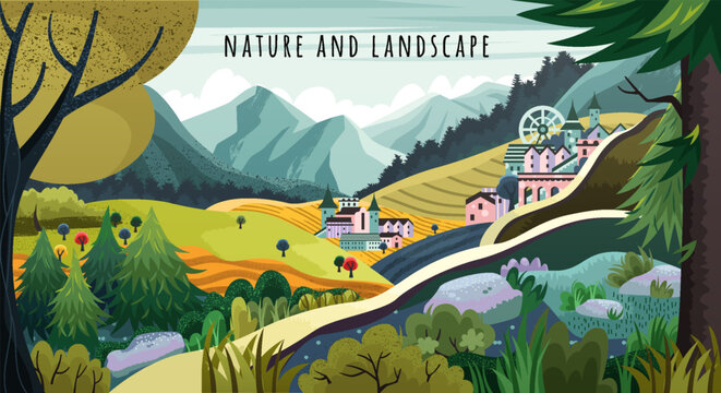 Poster of nature and landscape. Colorful poster with countryside fields, forest trees and plants, mountain ranges and village houses in valley. Beautiful environment. Cartoon flat vector illustration