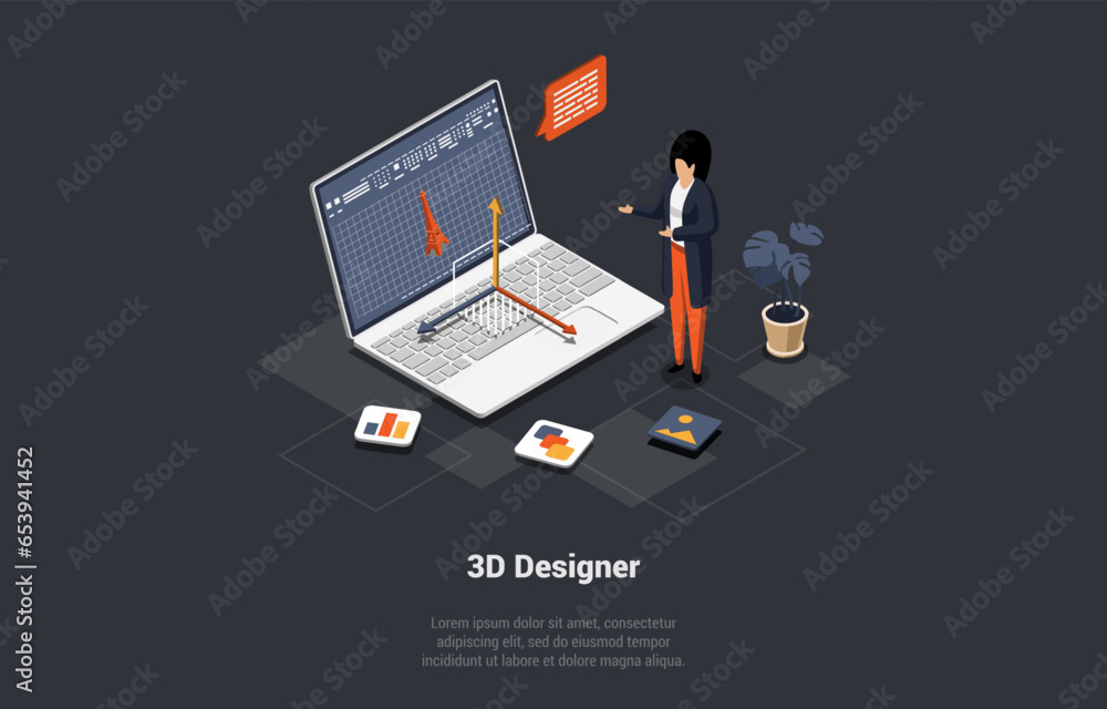 Poster concept of 3d design of eiffel tower. woman designer architect of 3d graphic design making mock up o