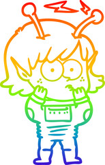 rainbow gradient line drawing of a cartoon alien girl
