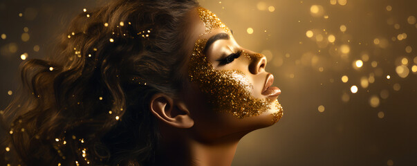 Joyful female model in golden glitter rain, product and fashion - The Golden Glamour Series