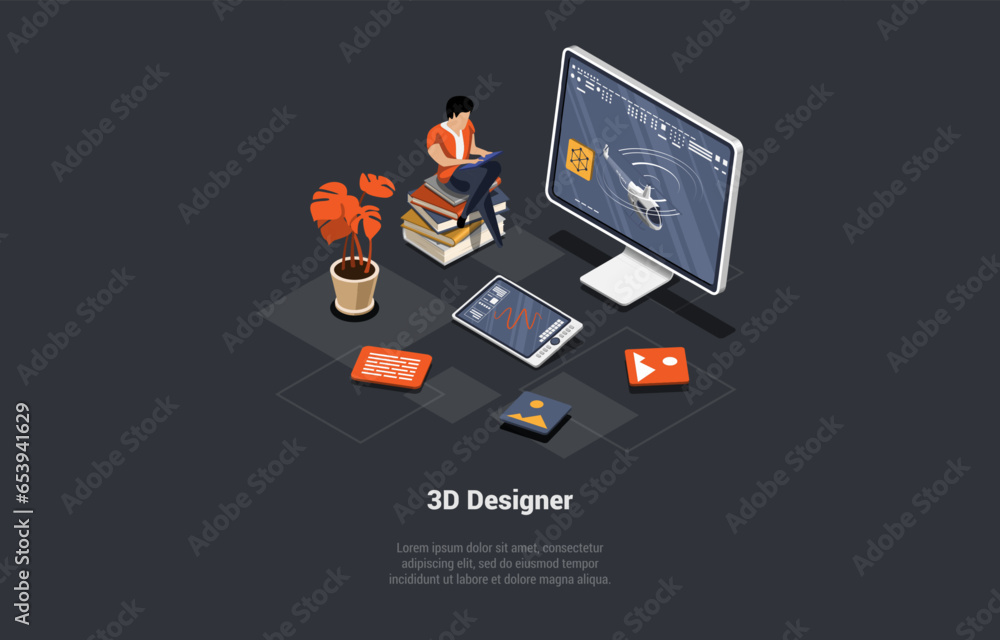 Poster concept of 3d design and freelance work. man designer architect of 3d graphic design make mock up of