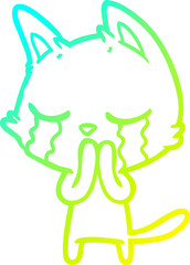 cold gradient line drawing of a crying cartoon cat