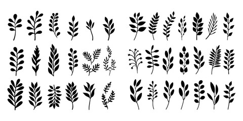 Fototapeta premium Isolated fronds or branches, abstract brush drawn. Vector matisse style tropical branches collection. Leaf illustrations, naive hand drawn. Organic plant shapes, modern
