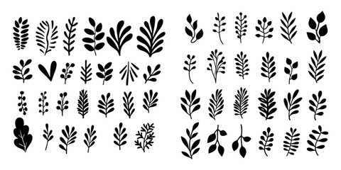 Fronds or branches isolated, drawn with abstract brush. Collection of tropical branches in vector matisse style. Illustrations of naive hand drawn leaf. Shapes of modern organic plant - obrazy, fototapety, plakaty