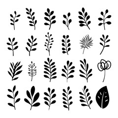 Naive hand drawn leaf illustrations. Abstract brush drawn fronds or branches isolated. Collection of vector matisse style tropical branches. Modern organic plant shapes