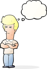 cartoon man with folded arms with thought bubble