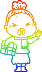rainbow gradient line drawing of a cartoon angry old woman