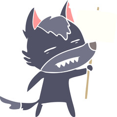flat color style cartoon wolf with sign post showing teeth