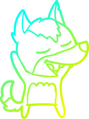 cold gradient line drawing of a cartoon wolf laughing