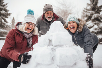 Small group of happy seniors laughing together making snowman.