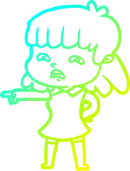 cold gradient line drawing of a cartoon worried woman