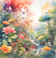 lush, vibrant ecosystem teeming with life and color, captured in a dreamy watercolor rendering..