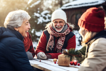 Happy elderly friends having fun in winter.