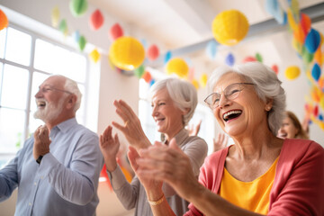 Group of seniors having fun at party indoors.