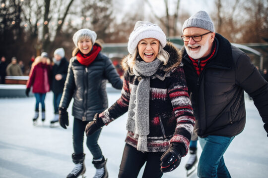 Happy adult couple having fun with iceskating.