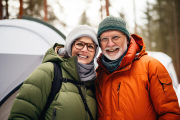 Fototapeta na wymiar Happy couple in winter having fun in camping.