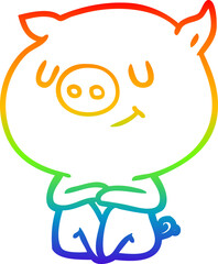 rainbow gradient line drawing of a happy cartoon pig