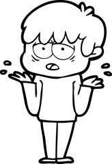 cartoon exhausted boy shrugging shoulders