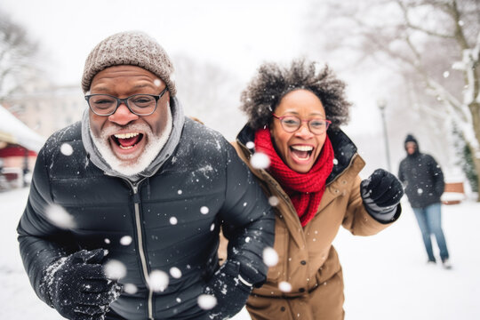 Happy senior couple having fun together in winter.