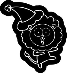 happy quirky cartoon icon of a lion wearing santa hat