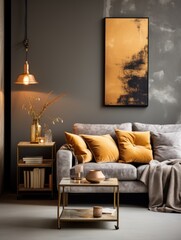Interior scene with coffee table, sofa with brown pillows and rug, dark livingroom, home office interior