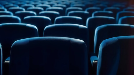 Rows of empty seats in a dimly lit cinema. Seats in blue tones with bokeh effect highlighted in the stillness of the cinema.