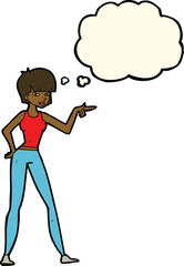 cartoon woman pointing with thought bubble