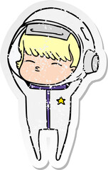 distressed sticker of a cartoon curious astronaut