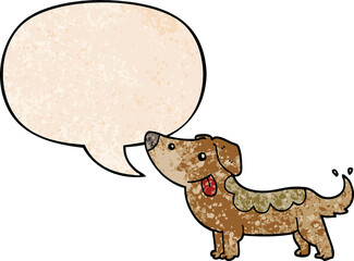 cartoon dog with speech bubble in retro texture style