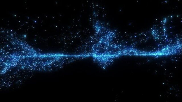 4k Blue Particles Way. Motion Background. Frost glitter particle. On Black Backdrop. Animated Overlay. Defocused bokeh. Falling down glitzy lights. 2160p. 60 fps