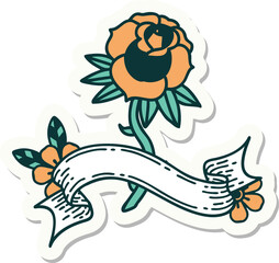 tattoo style sticker with banner of a rose