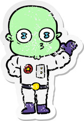 distressed sticker of a waving weird bald spaceman