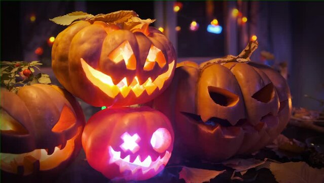 Cool carved pumpkins of different sizes with flickering light inside in autumn dry leaves lie on table against background of colorful garlands. Festival holiday background Halloween time.