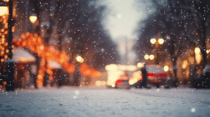 Background blur city evening snow, Christmas winter, generative ai