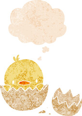 cartoon chick with thought bubble in grunge distressed retro textured style